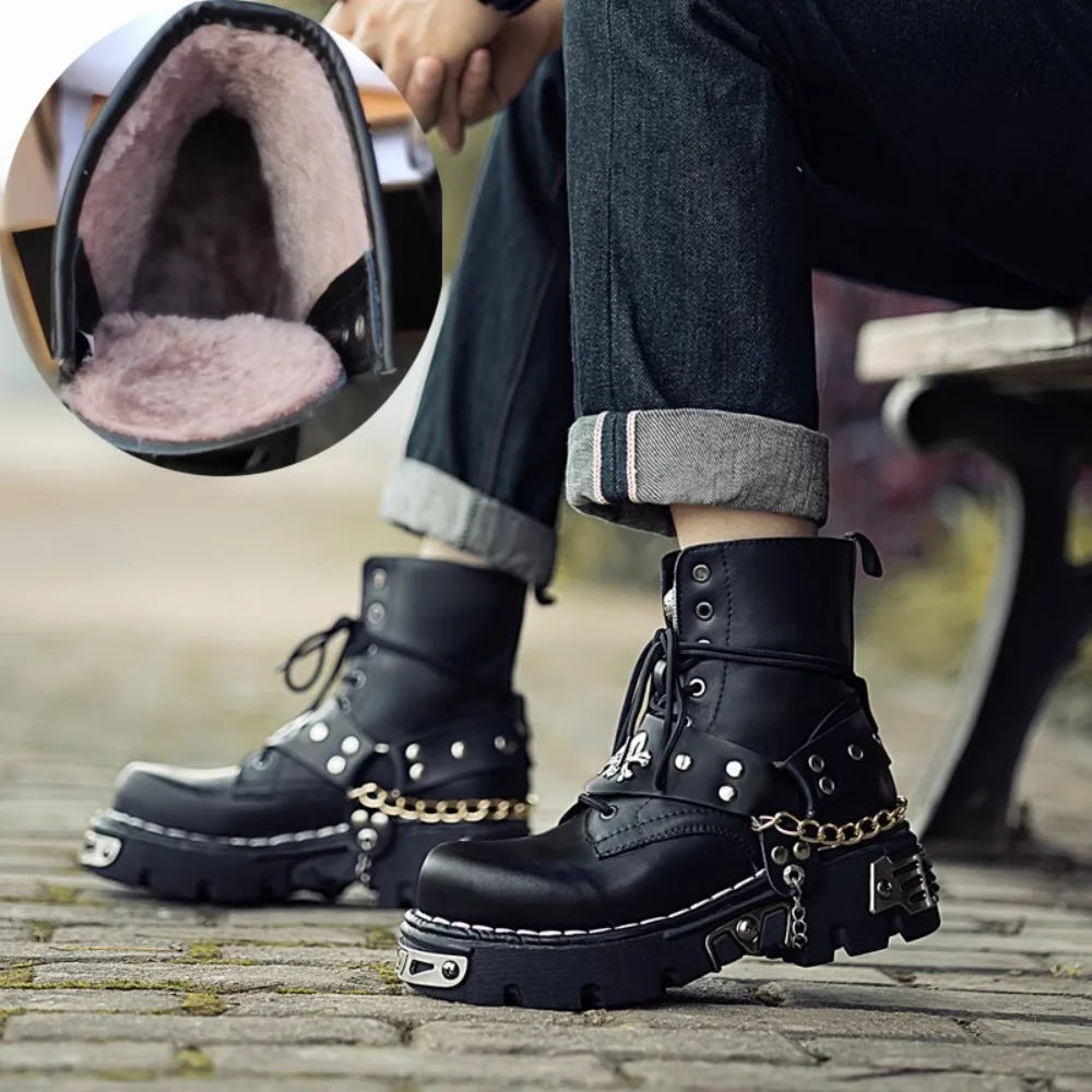 Motorcycle Chain - Men's Fashion Genuine Leather Motorcycle Boots,Punk